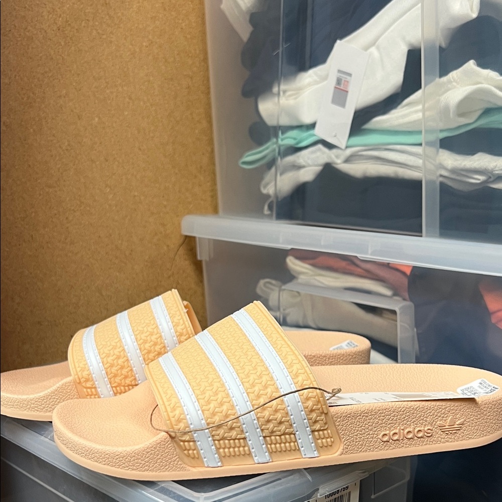 Adidas Light Orange Slides with White Stripes
